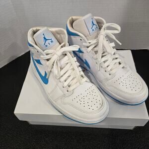 Nike Air Jordan 1 Mid Women's Dk Powder Blue/White Sneakers Sz 7 BQ6472 114